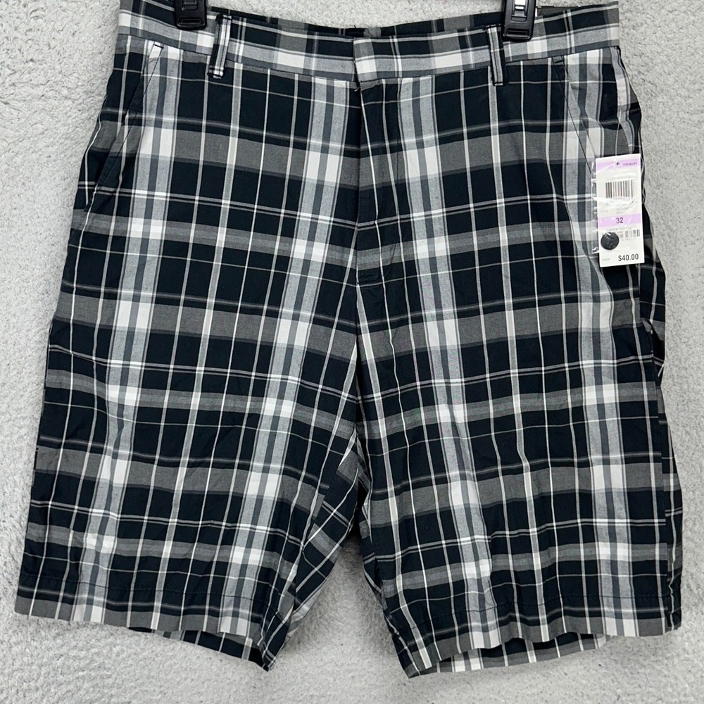 Alfani Mens Cotton Walk Shorts 32 Black Gray Khaki Plaid Flat Front‎ Pockets NEW